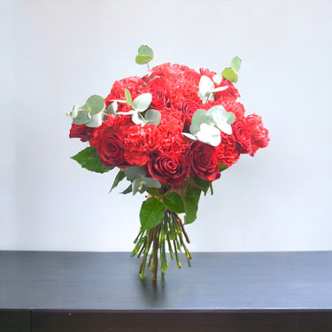 Red Promise, Red Roses, Carnations, Eucalyptus, Hand-Tied Bouquet